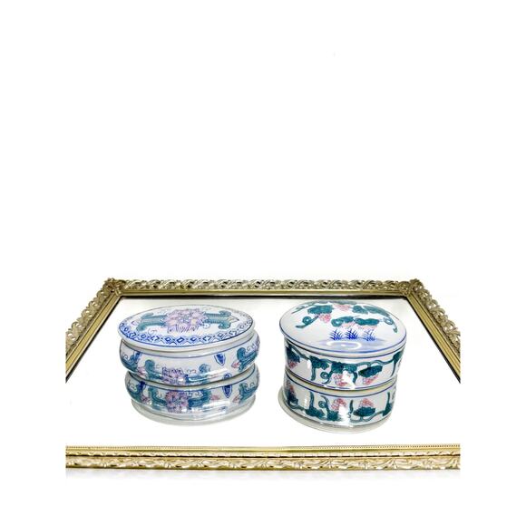 Set of Two Vintage Oval Chinese Oriental Porcelain Trinket Box/jewelry Box Kitsc - Picture 2 of 10